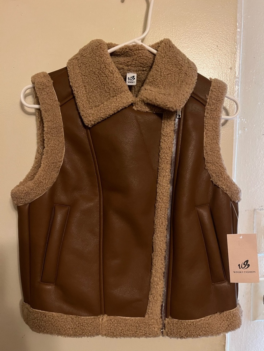 Winskey Fashion Brown Faux pleather Sherpa Vest
